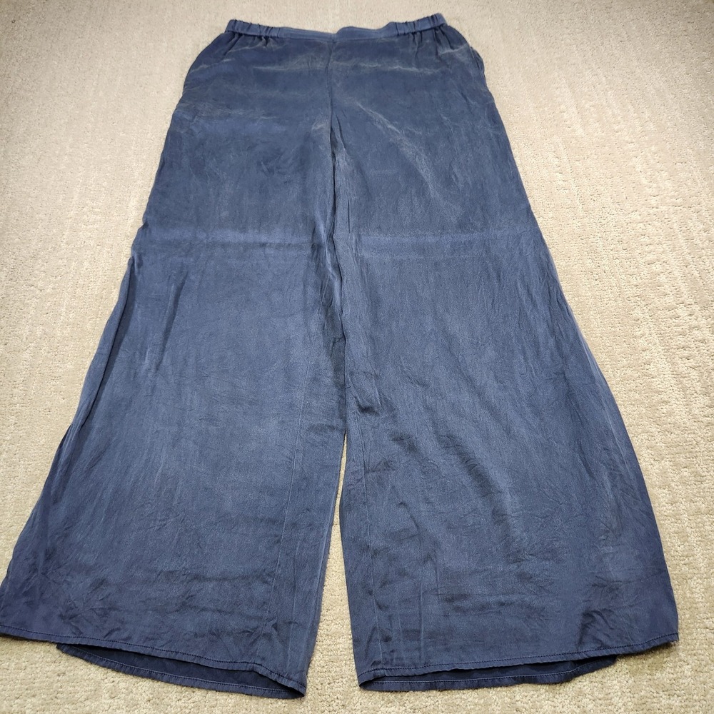 Quince Pants Women Medium Super Wide Leg 100% Silk Open Hem Blue Boho Festival